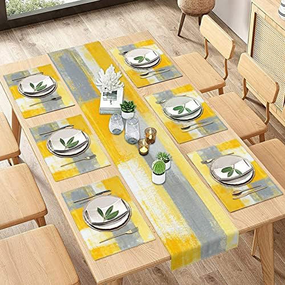 Table Runner and Placemats Set of 6 Abstract Green Blue Grey Teal