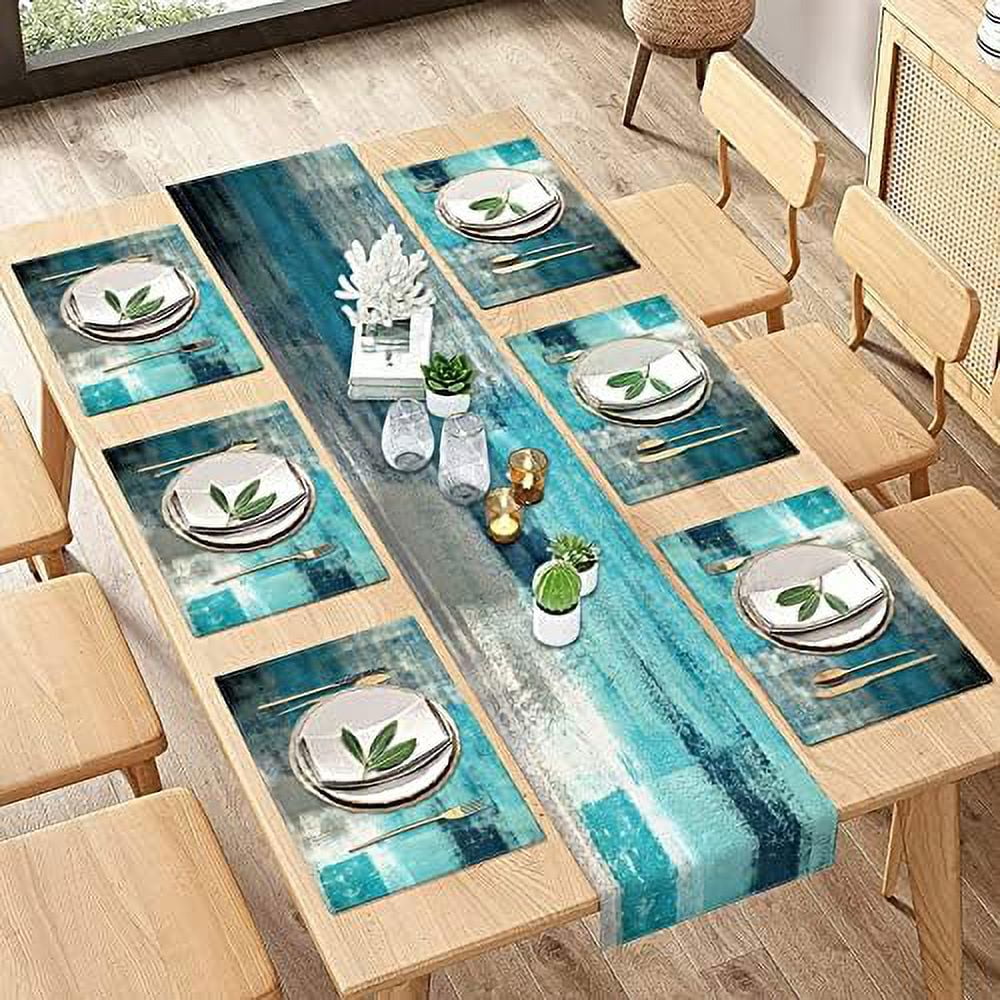 Table Runner and Placemats Set of 6 Abstract Green Blue Grey Teal