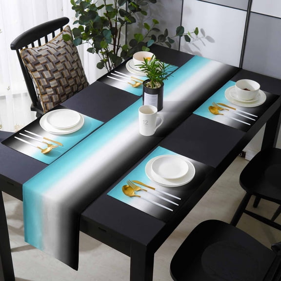 Table Runner and Placemats Set of 6 Teal White Black Table Runner with Matching Placemats Gradient Color Table Mats Set for Kitchen Dining Table Decor Dresser Scarf 13x90 Inch