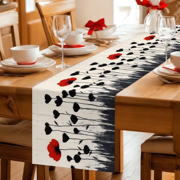 Table Runner Poppy Flower Black Shade Dresser Scarves 13x36 Inch,Linen Table Runners Vintage Oil Painting Style Tablerunner for Home Dining Indoor Outdoor Wedding Party Tabletop Decor