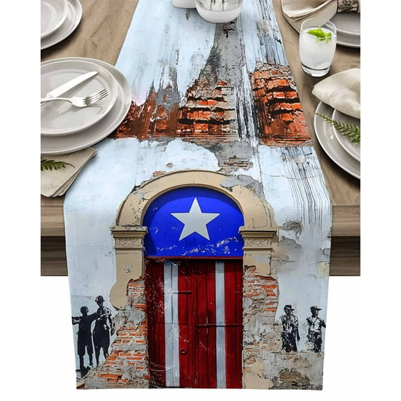 Table Runner Puerto Rico Flag Table Decoration for Kitchen Dinning Retro Wall and Door Star Stripe Table Decoration for Indoor Outdoor Party Wedding Decor 13x72inch
