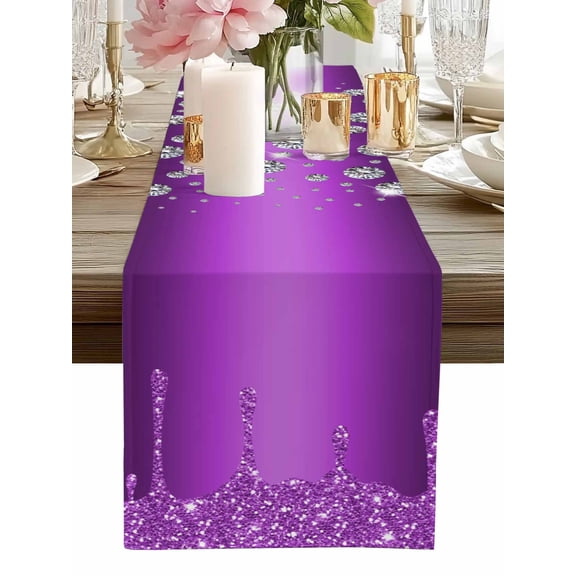 Table Runner Purple Diamond Table Runners Luxury Bling Water Drop Cotton Linen Dresser Scarf Kitchen Dining Table Decor for Home Dinner Party Decor 13x36 Inch