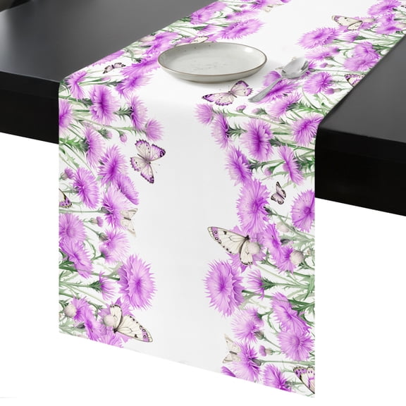 Table Runner Purple Flower Floral Decorative Dining Table Runner Butterfly Branch Leaves Kitchen Table Decoration for Home, Holiday and Party Use 13x36 Inch