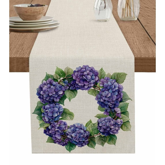 Table Runner Purple Hydrangea Table Decoration for Kitchen Dinning Retro Wreath Table Decoration for Indoor Outdoor Party Wedding Decor 13x90 Inch
