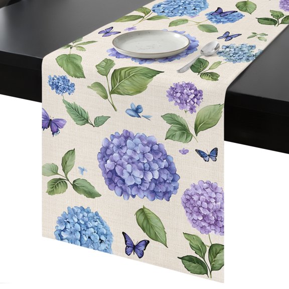 Table Runner Purple Hydrangeas Decorative Dining Table Runner Flowers Beige Kitchen Table Decoration for Home, Holiday and Party Use 13x36 Inch