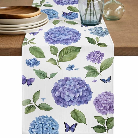 Table Runner Purple Hydrangeas Soft Linen Style Table Runner Cloth Farm Flowers Dining Table Decor for Kitchen, Dining Room, Parties, Holiday & Everyday Use 13x108 Inch