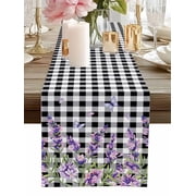 Table Runner Purple Lavender Flower Table Runners Butterfly Black Buffalo Plaid Cotton Linen Dresser Scarf Kitchen Dining Table Decor for Home Dinner Party Decor 13x36 Inch