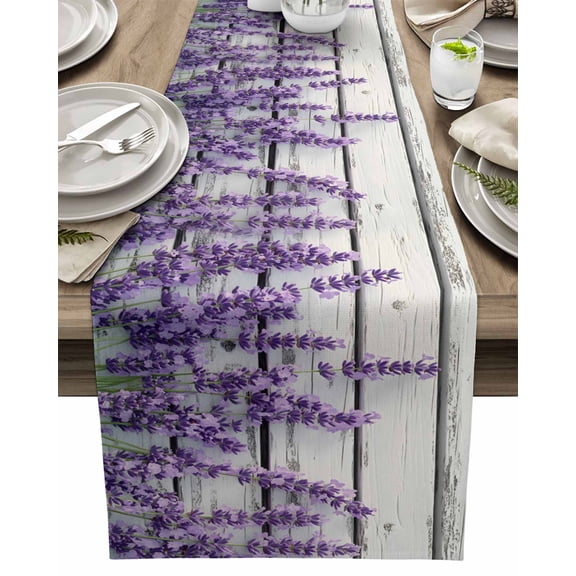 Table Runner Purple Lavender Flowers Table Decoration for Kitchen Dinning Wood Grain Table Decoration for Indoor Outdoor Party Wedding Decor 13x72inch