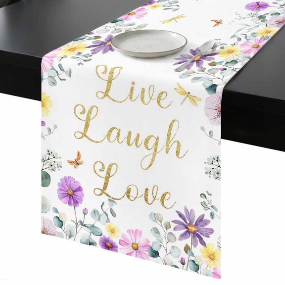 Table Runner Purple Pink Flowers Decorative Dining Table Runner Green Leaves Kitchen Table Decoration for Home, Holiday and Party Use 13x36 Inch