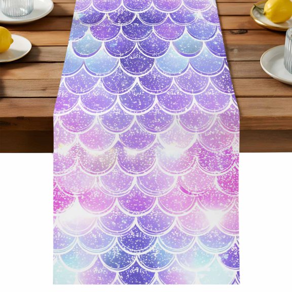 Table Runner Purple Pink Mermaid Scales Decorative Table Runner for Kitchen Gradual Fish Scale Pattern Dinning Runner for Party Wedding Holiday Indoor Outdoor 13x36inch
