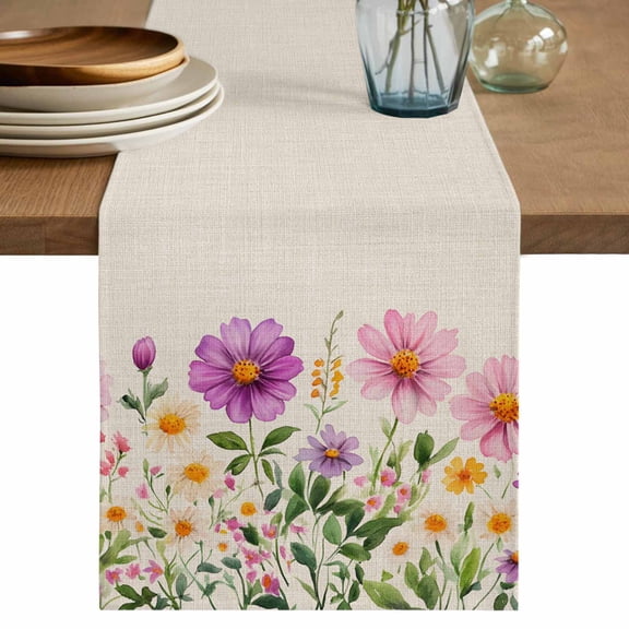 Table Runner Purple Pink Yellow Flower Soft Linen Style Table Runner Cloth Watercolor Spring Dining Table Decor for Kitchen, Dining Room, Parties, Holiday & Everyday Use 13x36 Inch