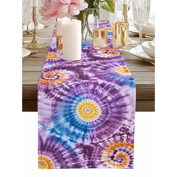 Table Runner Purple Tie-Dye Art Table Runners Abstract Boho Dyeing Cotton Linen Dresser Scarf Kitchen Dining Table Decor for Home Dinner Party Decor 13x36 Inch