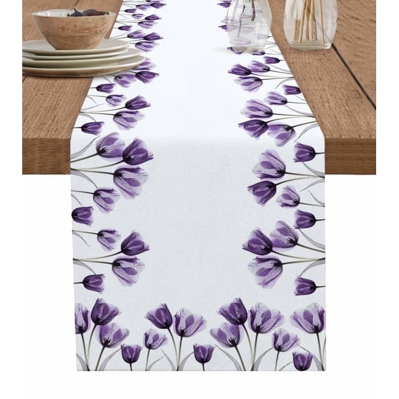 Table Runner Purple Tulip Floral Table Decoration for Kitchen Dinning Leaves Modern Art Table Decoration for Indoor Outdoor Party Wedding Decor 13x72 Inch