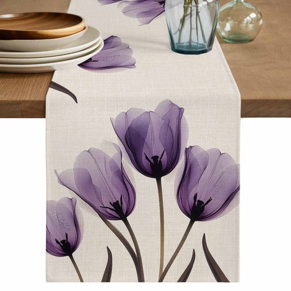 Table Runner Purple Tulip Soft Linen Style Table Runner Cloth Retro Plant Flower Dining Table Decor for Kitchen, Dining Room, Parties, Holiday & Everyday Use 13x36 Inch