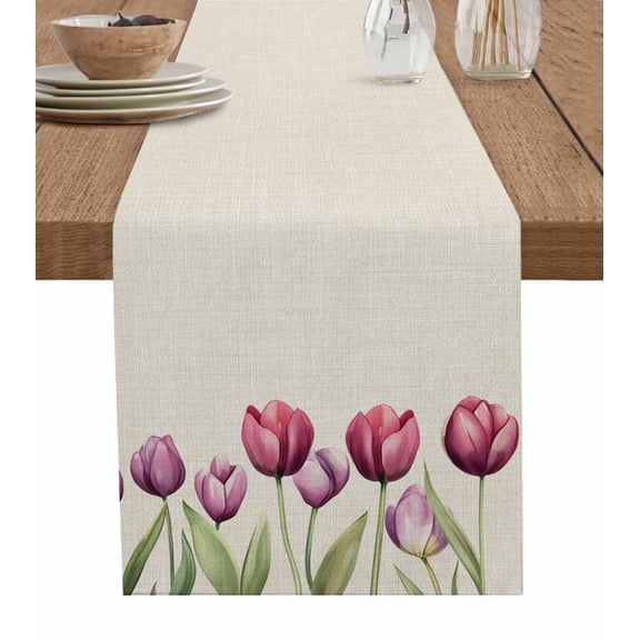 Table Runner Purple Tulips Table Decoration for Kitchen Dinning Watercolor Spring Table Decoration for Indoor Outdoor Party Wedding Decor 13x72 Inch