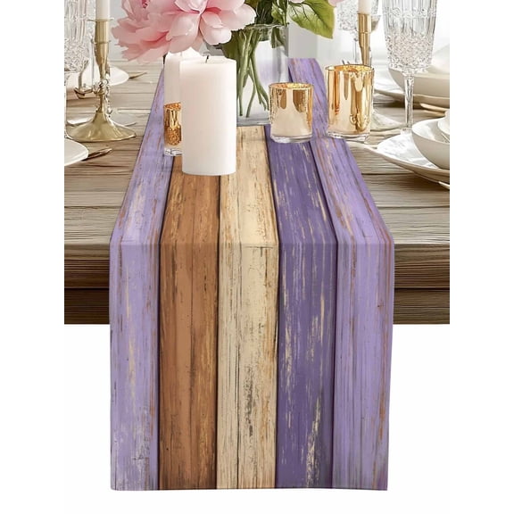 Table Runner Purple Wood Grain Table Runners Rustic Retro Brown Wooden Cotton Linen Dresser Scarf Kitchen Dining Table Decor for Home Dinner Party Decor 13x36 Inch
