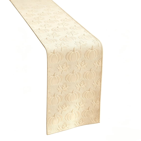 Table Runner Quilted Cream Embroidered Pumpkin Maple Leaf Design for Fall Halloween Thanksgiving Farmhouse Dining Kitchen Home Decor