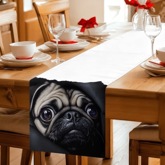 Table Runner Realistic Pug Dog Pattern Dresser Scarves 13x36 Inch,Linen Table Runners Dark Background Tablerunner for Home Dining Indoor Outdoor Wedding Party Tabletop Decor