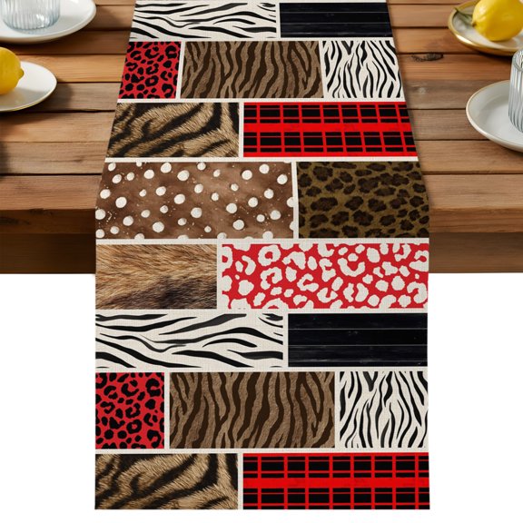 Table Runner Red Brown Leopard Collage Decorative Table Runner for Kitchen Abstract Animal Fur Texture Dinning Runner for Party Wedding Holiday Indoor Outdoor 13x36inch