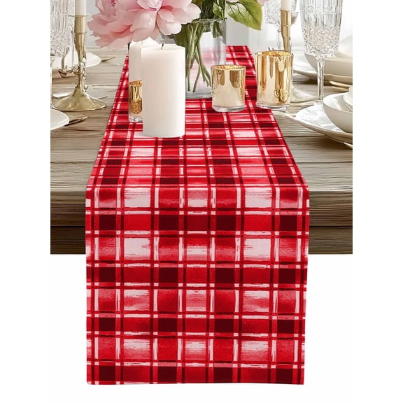 Table Runner Red Buffalo Plaid Table Runners Watercolor Check Stripes Cotton Linen Dresser Scarf Kitchen Dining Table Decor for Home Dinner Party Decor 13x36 Inch