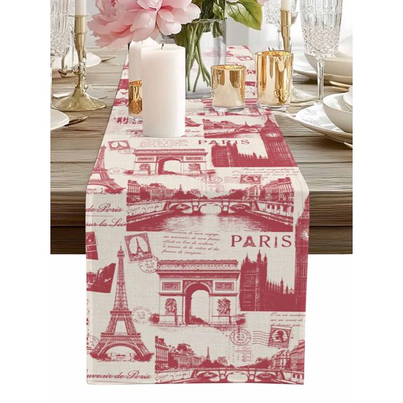 Table Runner Red Eiffel Tower Table Runners France Paris Travel Landscape Cotton Linen Dresser Scarf Kitchen Dining Table Decor for Home Dinner Party Decor 13x36 Inch