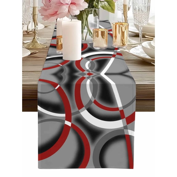 Table Runner Red Grey Geometric Circle Table Runners Modern Abstract Lines Cotton Linen Dresser Scarf Kitchen Dining Table Decor for Home Dinner Party Decor 13x90 Inch