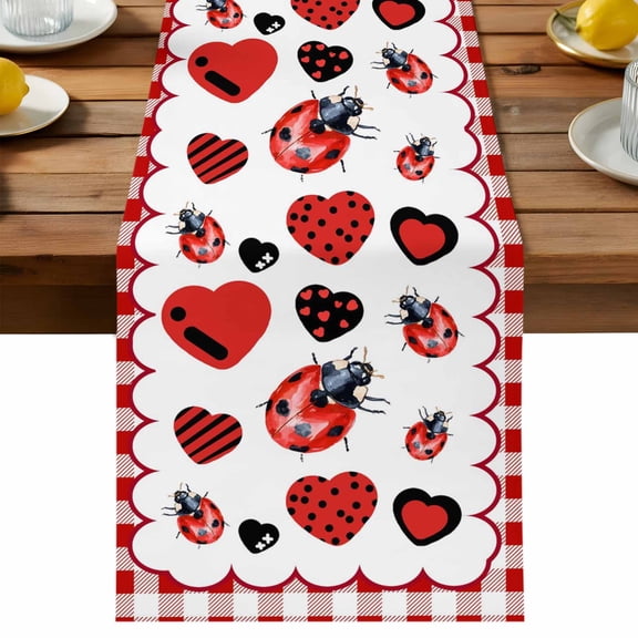 Table Runner Red Ladybug Heart Decorative Table Runner for Kitchen Farmhouse Red White Buffalo Gingham Dinning Runner for Party Wedding Holiday Indoor Outdoor 13x36inch