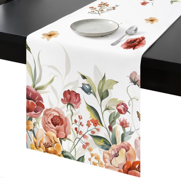Table Runner Red Pink Flowers Decorative Dining Table Runner Floral Leaf Plant Kitchen Table Decoration for Home, Holiday and Party Use 13x36 Inch