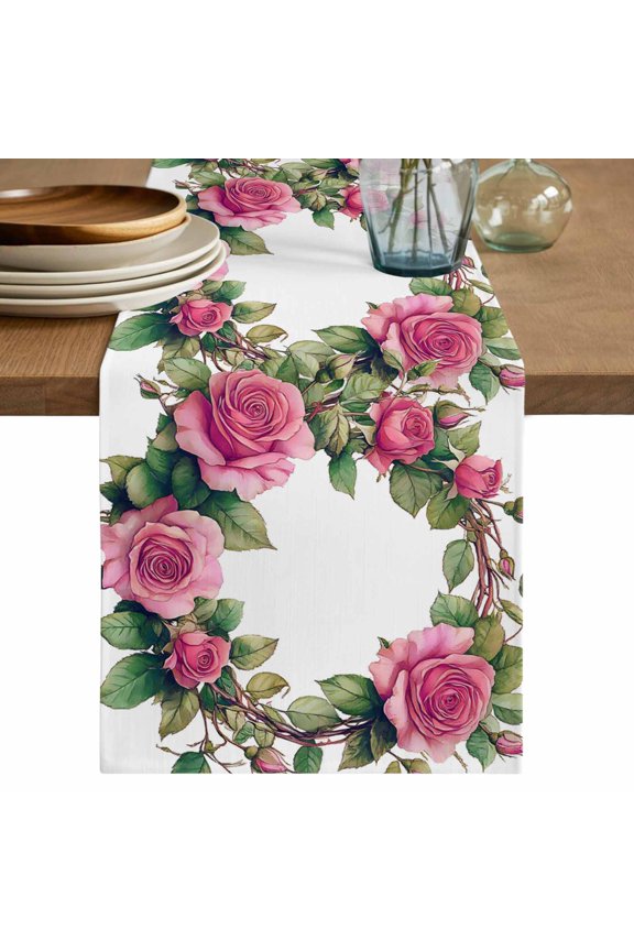 Table Runner Red Rose Wreath Soft Linen Style Table Runner Cloth Floral Leaf Dining Table Decor for Kitchen, Dining Room, Parties, Holiday & Everyday Use 13x36 Inch