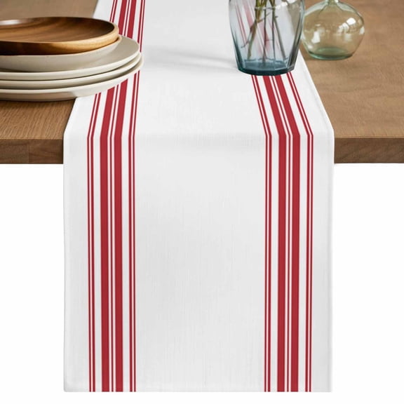 Table Runner Red Ticking Vertically Stripe Soft Linen Style Table Runner Cloth Simple Style White Dining Table Decor for Kitchen, Dining Room, Parties, Holiday & Everyday Use 13x36 Inch