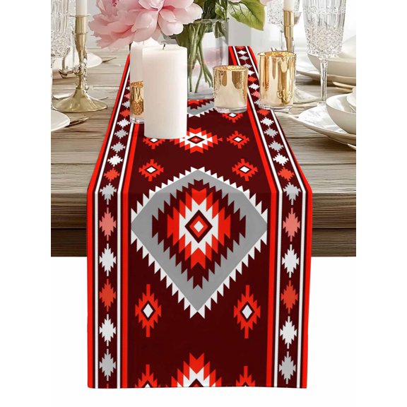 Table Runner Red Tribal Geometric Table Runners Bohemian Vintage Native Abstract Cotton Linen Dresser Scarf Kitchen Dining Table Decor for Home Dinner Party Decor 13x36 Inch