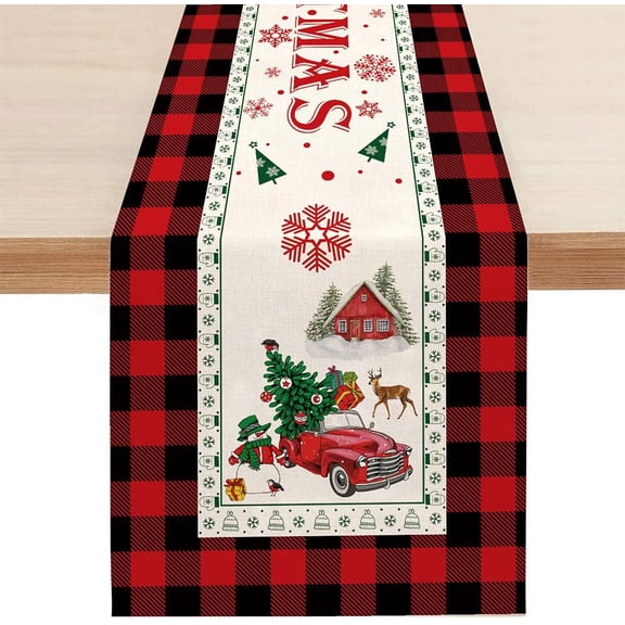 Table Runner Red Truck, Merry Christmas Tree Burlap Table Decor for Farmhouse Home Dinner Christmas Holidays Party Indoor Runner for Table (13 x 72 Inch)
