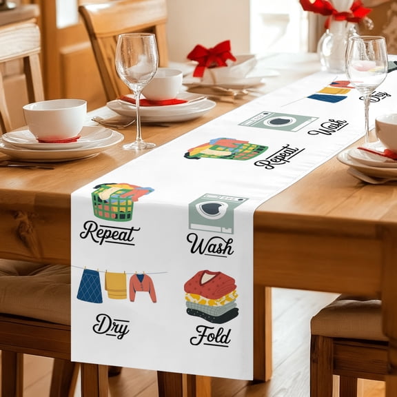 Table Runner Repeat Wash Dry Fold Words Dresser Scarves 13x36 Inch,Linen Table Runners Laundry Washing Machine Tablerunner for Home Dining Indoor Outdoor Wedding Party Tabletop Decor