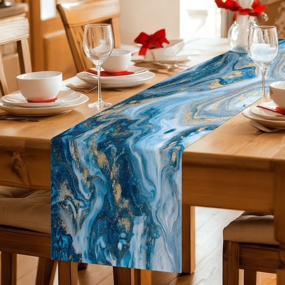 Table Runner Retro Abstract Blue Marble Stone Dresser Scarves 13x36 Inch,Linen Table Runners Modern Liquid Texture Tablerunner for Home Dining Indoor Outdoor Wedding Party Tabletop Decor