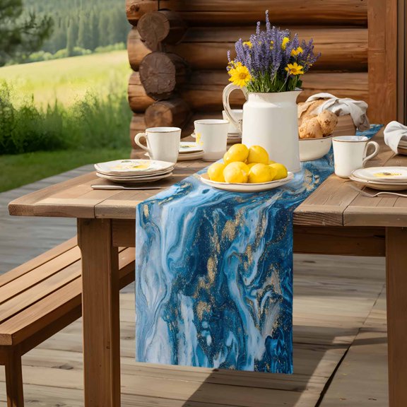 Table Runner,Retro Abstract Blue Marble Stone Kitchen Dining Table Runners Tabletop Decorations Modern Liquid Texture Tablerunner Drsser Sarvs for Home Partyo Wdedeng Birthday Decor,13x36in