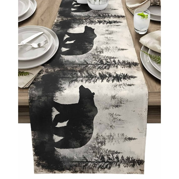 Table Runner Retro Bear Forest Table Decoration for Kitchen Dinning Oil Painting Beige Table Decoration for Indoor Outdoor Party Wedding Decor 13x90inch