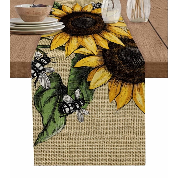 Table Runner Retro Bees Table Decoration for Kitchen Dinning Sunflower Leaf Table Decoration for Indoor Outdoor Party Wedding Decor 13x90 Inch