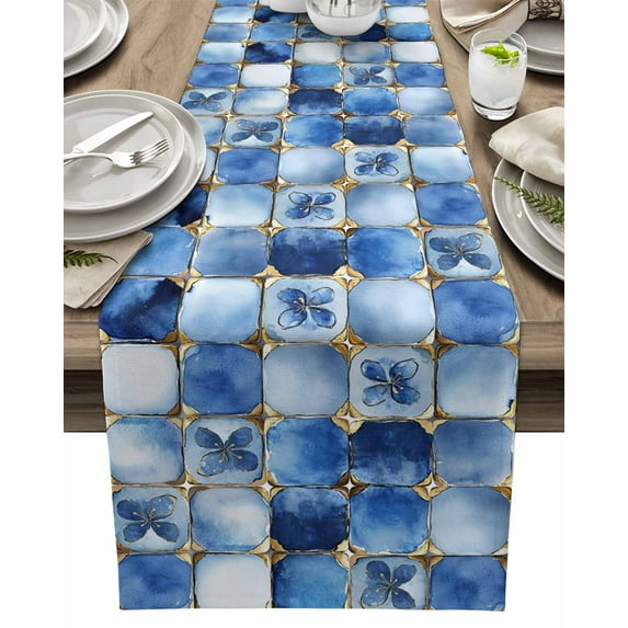 Table Runner Retro Blue Leaves Table Decoration for Kitchen Dinning Blue Ethnic Style Lattice Table Decoration for Indoor Outdoor Party Wedding Decor 13x90inch