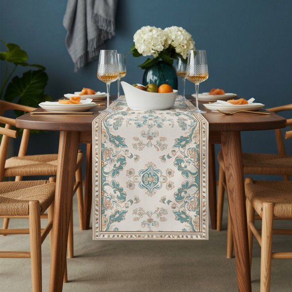 Table Runner Retro Bohemia Tribal Flower Border Dresser Scarves 13x36 Inch,Linen Table Runners Western Farmhouse Tablerunner for Home Dining Indoor Outdoor Wedding Party Tabletop Decor