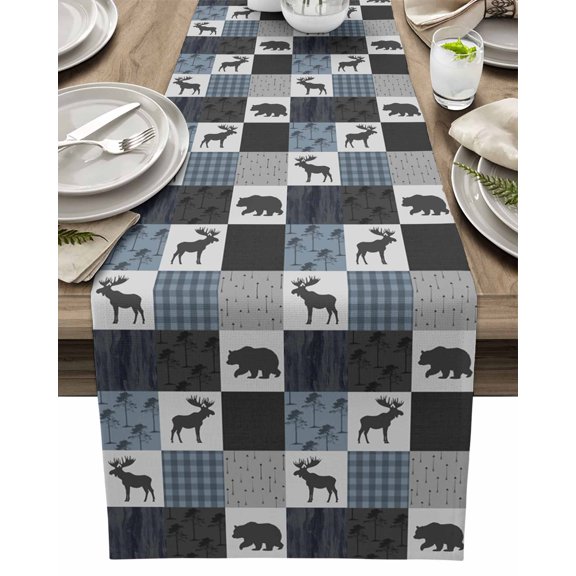Table Runner Retro Buffalo Check Table Decoration for Kitchen Dinning Forest Bear Deer Table Decoration for Indoor Outdoor Party Wedding Decor 13x72inch