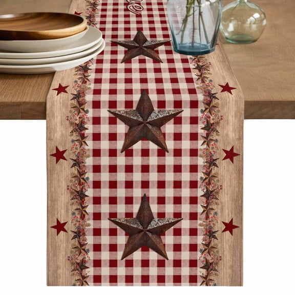 Table Runner Retro Country Star Farmhouse Soft Linen Style Table Runner Cloth Red White Plaid Dining Table Decor for Kitchen, Dining Room, Parties, Holiday & Everyday Use 13x36 Inch