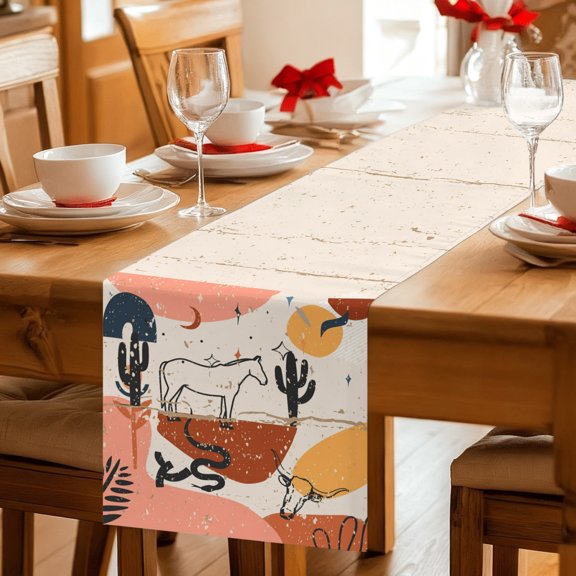Table Runner Retro Cowboy Abstract Geometric Dresser Scarves 13x36 Inch,Linen Table Runners Desert Cactus Horse Tablerunner for Home Dining Indoor Outdoor Wedding Party Tabletop Decor