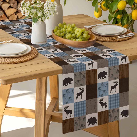 Table Runner Retro Deer Bear Plaid Check Dresser Scarves 13x36 Inch,Linen Table Runners Abstract Patchwork Pattern Tablerunner for Home Dining Indoor Outdoor Wedding Party Tabletop Decor