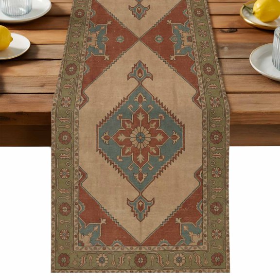 Table Runner Retro Ethnic Geometric Decorative Table Runner for Kitchen Boho Abstract Red Sage Green Floral Dinning Runner for Party Wedding Holiday Indoor Outdoor 13x90inch
