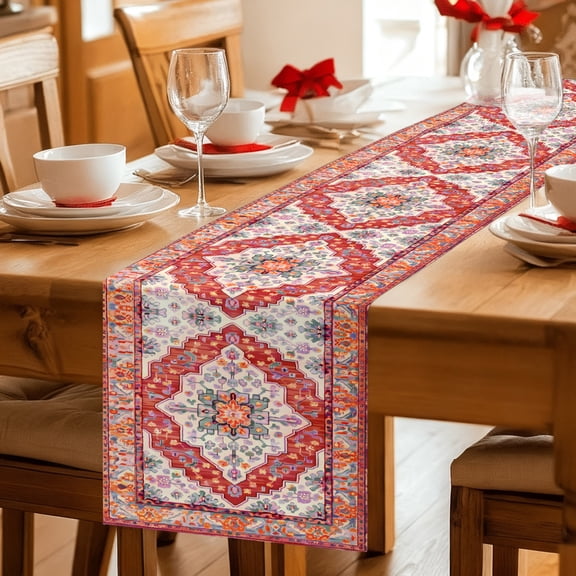 Table Runner Retro Medieval Turkish Pattern Dresser Scarves 13x36 Inch,Linen Table Runners Classic Ethnic Flower Tablerunner for Home Dining Indoor Outdoor Wedding Party Tabletop Decor