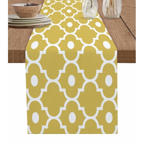 Table Runner Retro Moroccan Design Table Decoration for Kitchen Dinning Yellow Geometric Pattern Table Decoration for Indoor Outdoor Party Wedding Decor 13x90 Inch