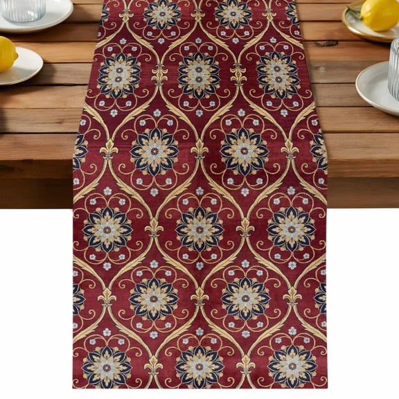 Table Runner Retro Red Glod Damask Decorative Table Runner for Kitchen Exquisite Italian Symmetrical Floral Dinning Runner for Party Wedding Holiday Indoor Outdoor 13x36inch