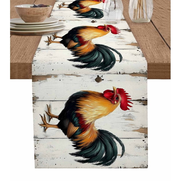 Table Runner Retro Rooster Table Decoration for Kitchen Dinning White Wood Grain Table Decoration for Indoor Outdoor Party Wedding Decor 13x90 Inch