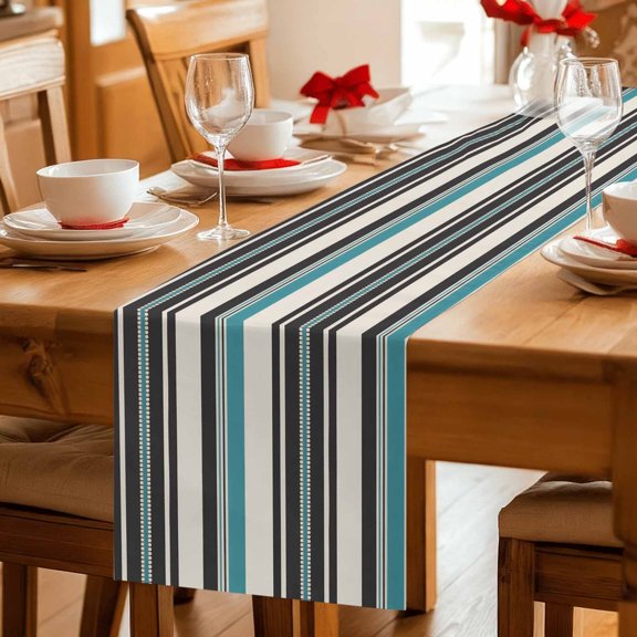 Table Runner Retro Teal Black Stripes Dresser Scarves 13x36 Inch,Linen Table Runners Abstract Geometric Tablerunner for Home Dining Indoor Outdoor Wedding Party Tabletop Decor