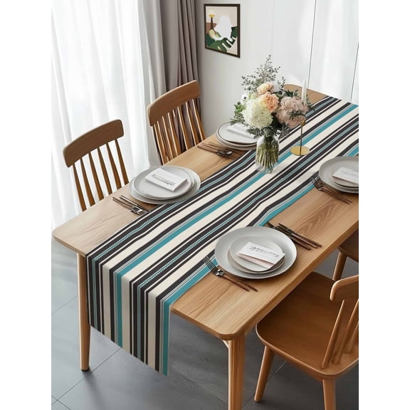 Table Runner Retro Teal Black Stripes Dresser Scarves 13x72 Inch,Linen Table Runners Abstract Geometric Tablerunner for Home Dining Indoor Outdoor Wedding Party Tabletop Decor
